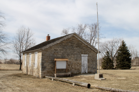 Front of the stone schoolhouse