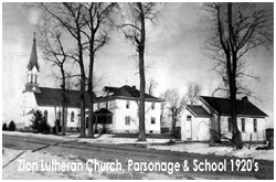 Image of a church, house, and schoolhouse